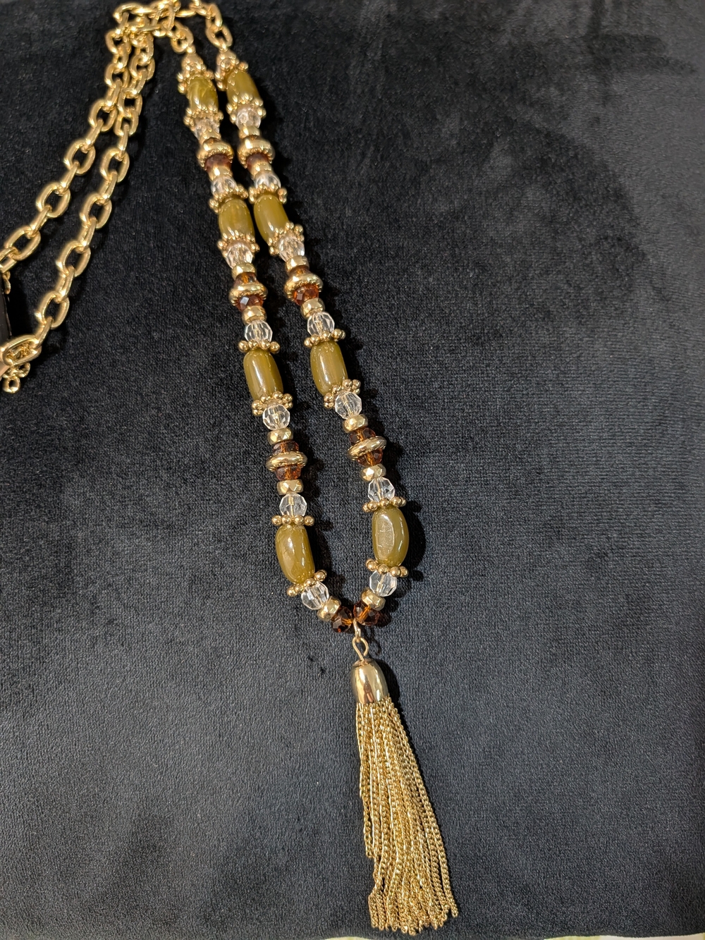 Gold Tassel Beaded Necklace with Olive Green Accents